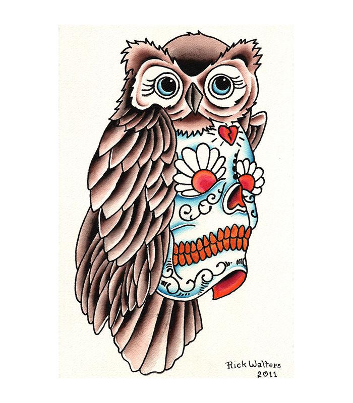 700x800 Black Market Art Company Owl Sugar Skull Art Print