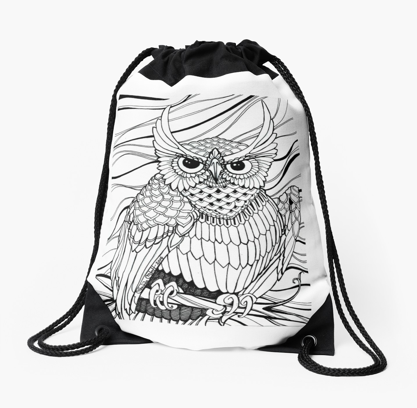 1435x1404 gruff tufted great horned owl tattoo flash ink artwork drawstring