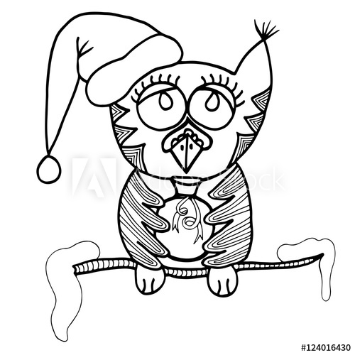 500x500 cute owl sits on a branch with snow and holds a sack in wings