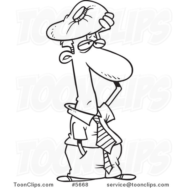 581x600 cartoon black and white line drawing of a migraine ridden business