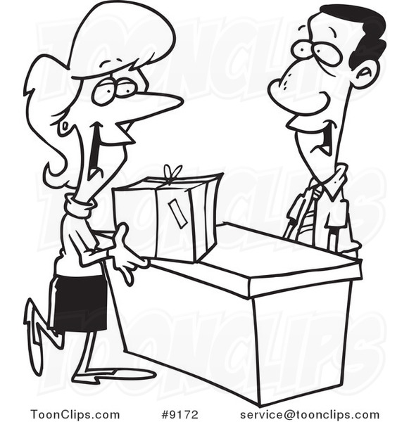 581x600 Cartoon Black And White Line Drawing Of A Lady Shipping A Package