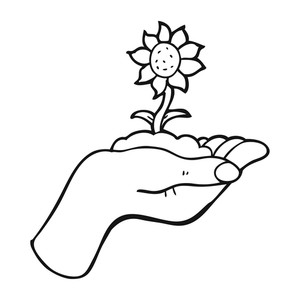 300x300 Freehand Drawn Black And White Cartoon Flower Growing In Palm