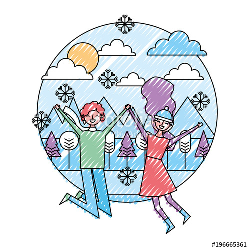 500x500 Young Couple Jumping In The Winter Panorama Vector Illustration