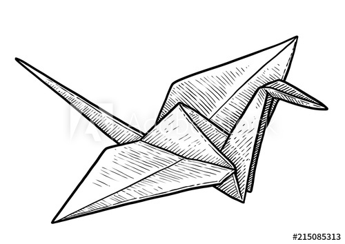 500x354 Crane Origami Illustration, Drawing, Engraving, Ink, Line Art