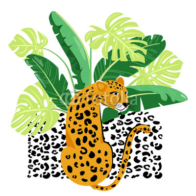 400x400 Illustration With Cute Leopard And Tropical Plants Fashion Exotic