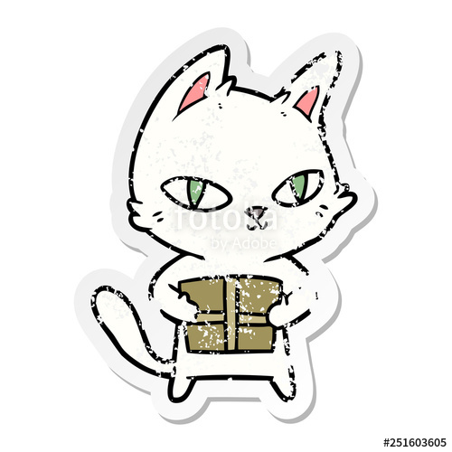 500x500 Distressed Sticker Of A Cartoon Cat Holding Parcel Stock Image