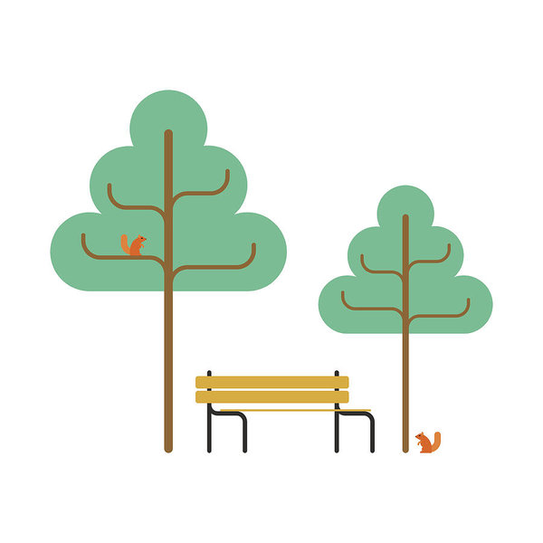 600x600 Park Bench And Squirrel Trees Square Object Art Print