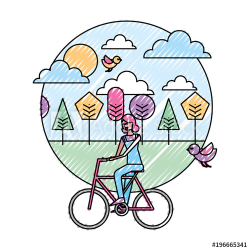500x500 Happy Young Woman Riding Bicycle In The Park Birds Flying Vector