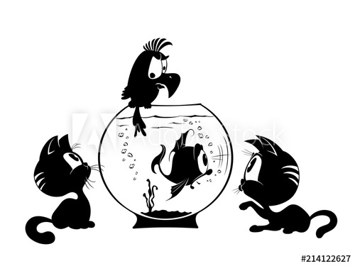 500x375 Kittens, Fish And Parrot