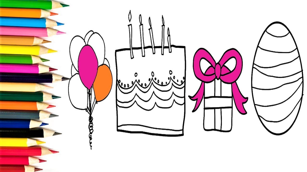 1280x720 How To Draw A Birthday Party Set For Kids Coloring Pages Cake