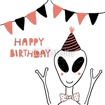 400x400 Hand Drawn Birthday Card With Cute Funny Alien In A Party Hat
