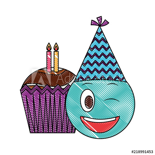 500x500 Birthday Emoji With Party Hat And Cupcakes Candles Vector