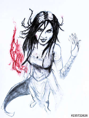 377x500 Brunette Woman Witch In Dress Pencil Drawing The Fire Of Passion