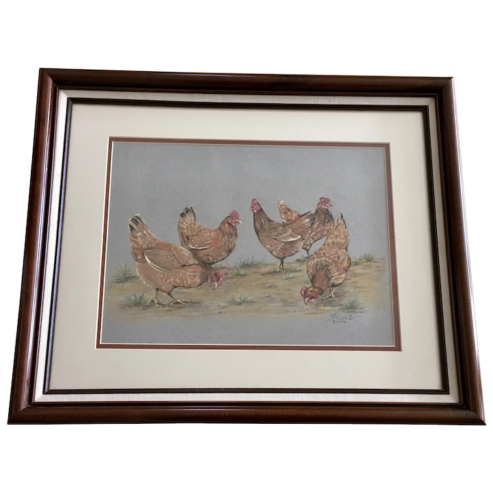 720x720 Deland, Hen Party Chickens Original Pastel Drawing Signed