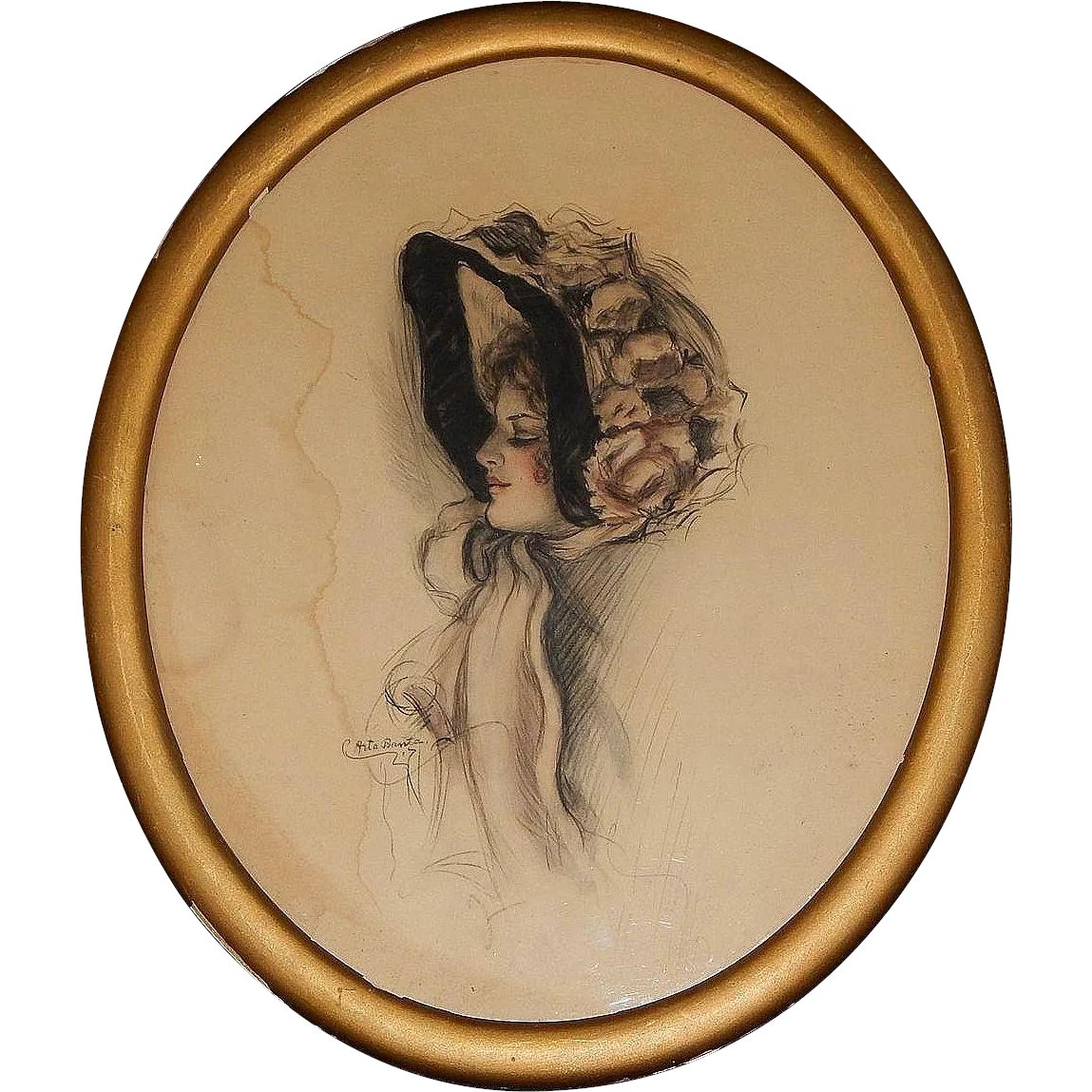 1149x1149 Signed Original Edwardian Pastel Pencil Color Wash Hat Fashion