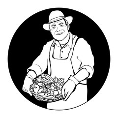 240x240 Farmer With Basket Of Fresh Vegetables Contour Drawing, Coloring