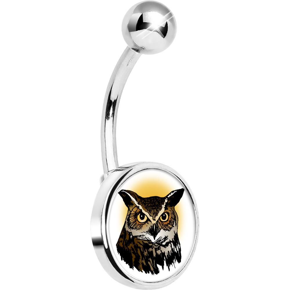 1000x1000 Stainless Steel Brown Horned Owl Belly Ring Bodycandy