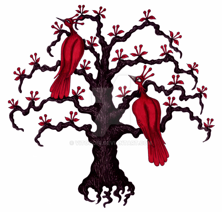 900x860 Red Birds On Tree Pen Ink Drawing Art