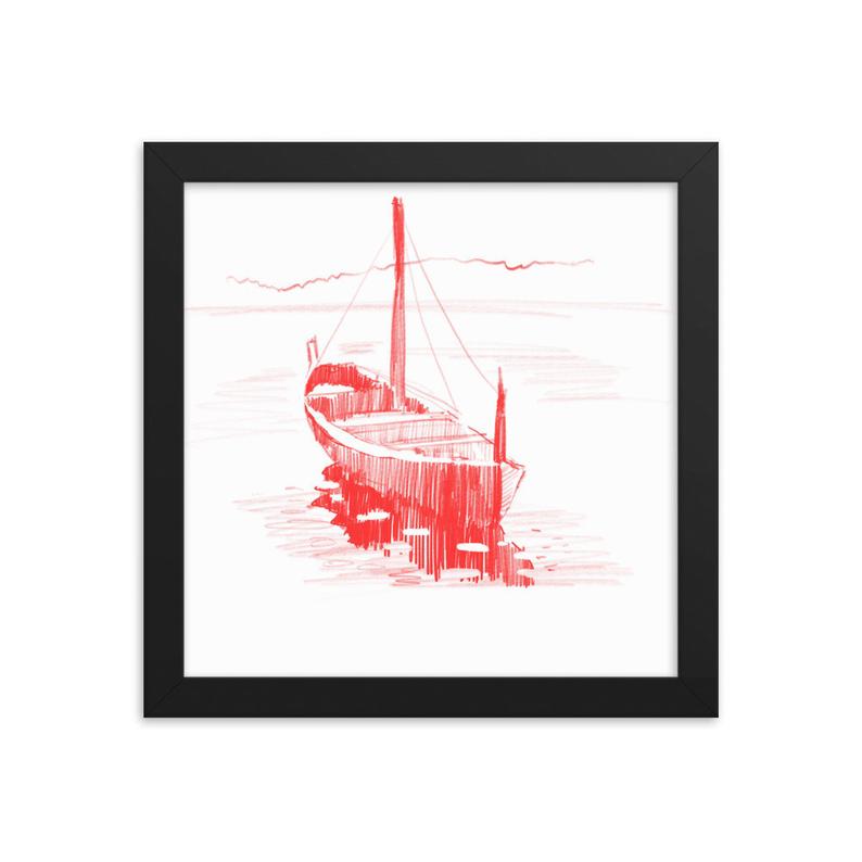 794x794 Red Pencil Sketch Boat Wall Art Framed Poster Etsy