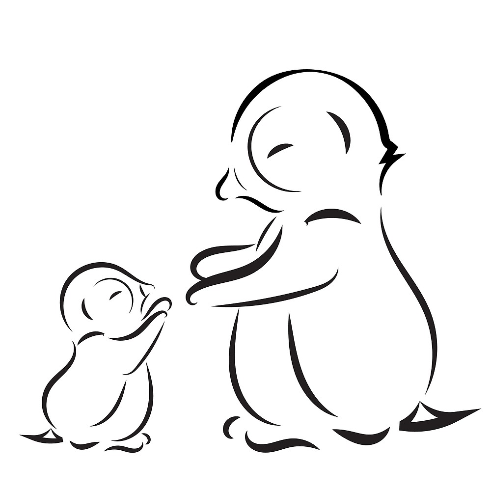 1000x1000 Outline Drawing Of Penguin Family Mom And Baby