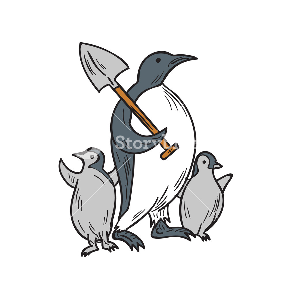 1000x1000 Drawing Sketch Style Illustration Of A Penguin Holding Shovel