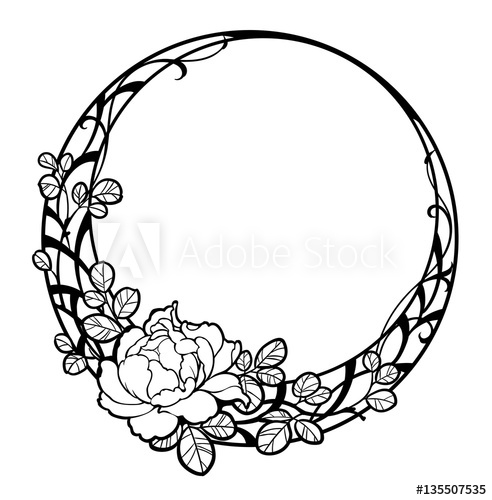 492x500 Decorative Round Frame With Peony Rose Flower Black Line Art