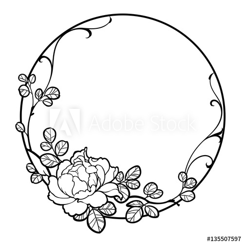 500x500 Decorative Round Frame With Peony Rose Flower, Leaves And Swirls