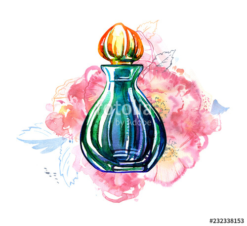 500x458 Green Women Perfume Bottle With Roses On Background Hand Drawn