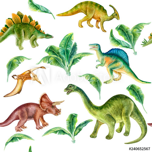 500x500 Dinosaur Set Seamless Pattern, Wallpaper With Tropical Leaves