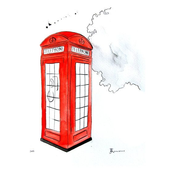 570x554 London Telephone Booth Watercolor Painting Original