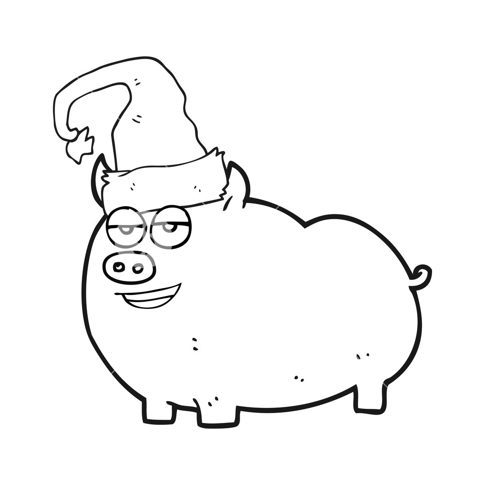 1000x1000 Freehand Drawn Black And White Cartoon Christmas Pig Royalty Free