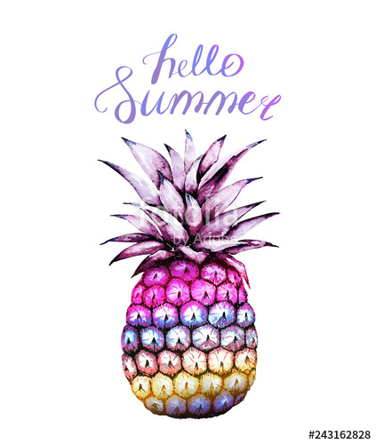 423x500 Watercolor Drawing Colored Pineapple With The Words Hello Summer