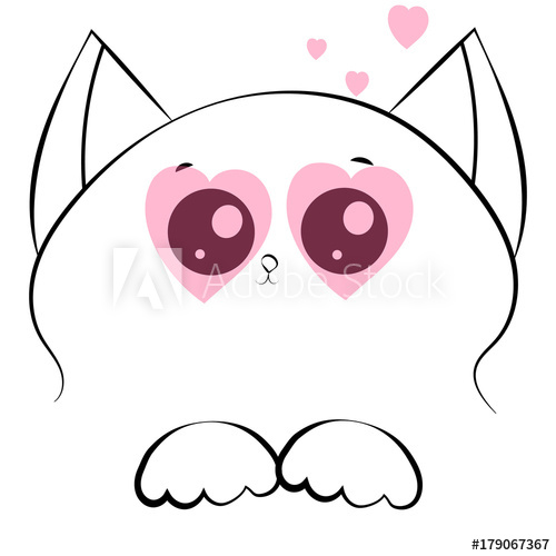500x500 Vector Outline Drawing Cat Face With Paws And Pink Hearts