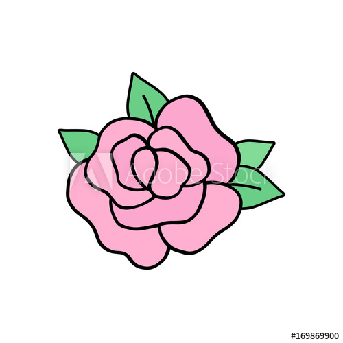 500x500 Rose Vector Illustration Drawing, Cute Pink Rose With Green Leaves