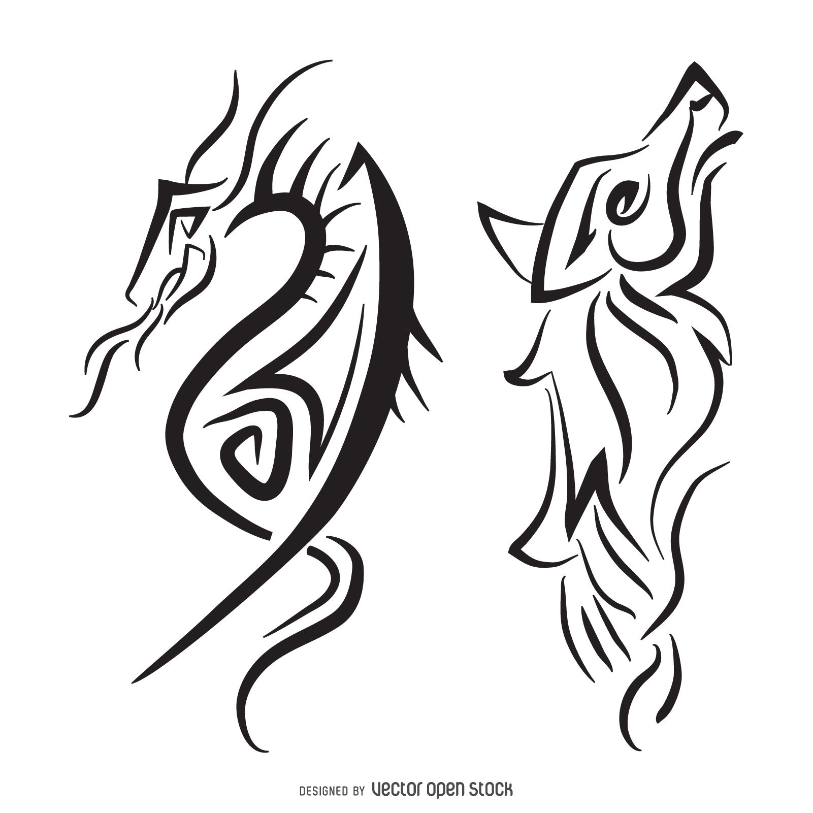 1601x1601 Set Of Two Pinstripe Illustrations Featuring A Dragon And A Wolf