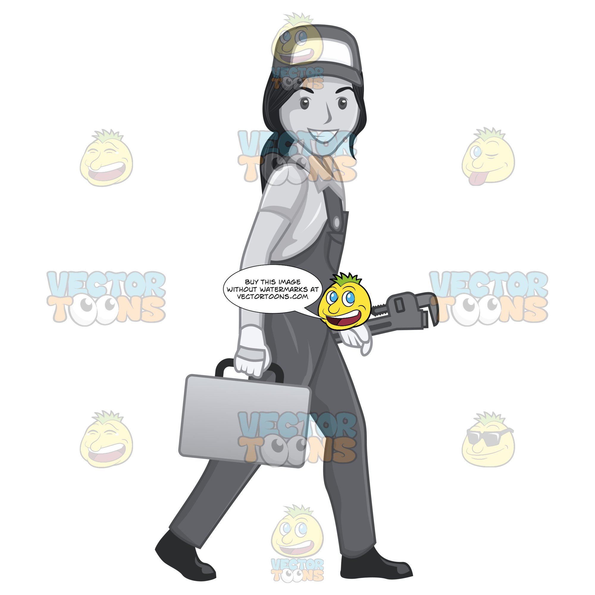 2000x2000 female plumber walking with a pipe wrench and tool kit clipart