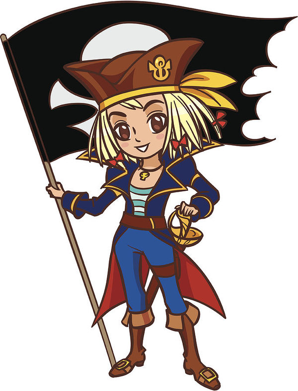 600x789 Cartoon Chibi Captain Pirate Girl With Jolly Roger Flag Art Print