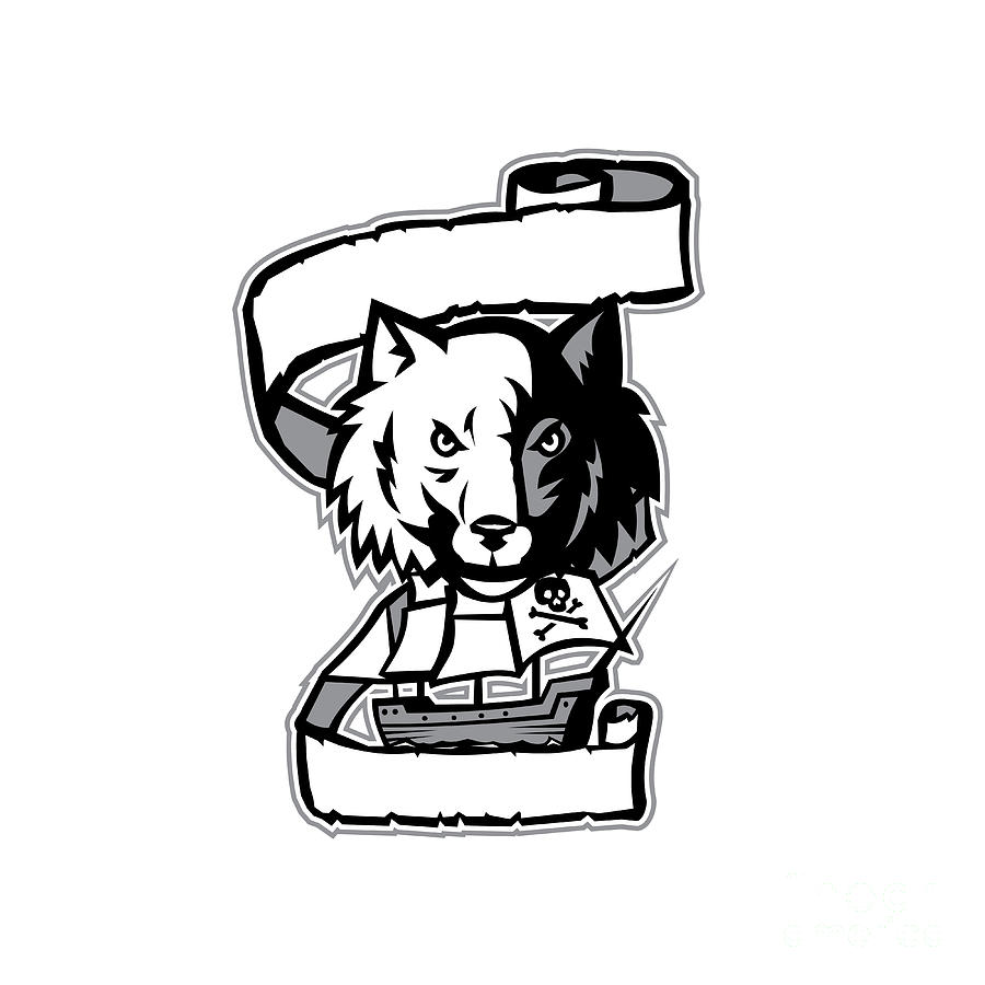 900x900 Wolf Head Pirate Ship Scroll Retro Digital Art