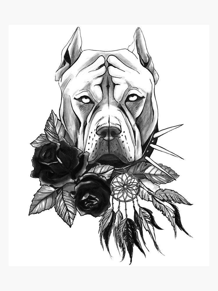 750x1000 Pit Bull Dog Drawing Print With Flowers Photographic Print