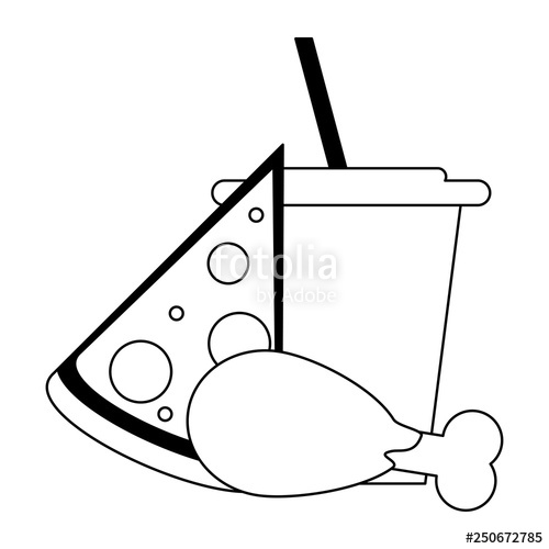 500x500 Pizza And Soda With Chicken Black And White Stock Image