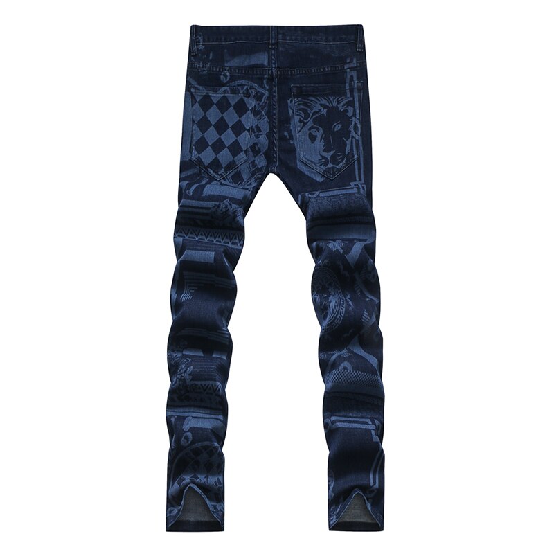 800x800 sokotoo men's fashion lion plaid print jeans slim blue stretch