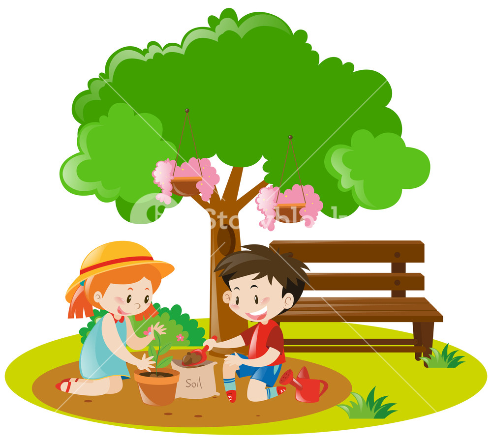 1000x901 Boy And Girl Planting Tree In Garden Illustration Royalty Free