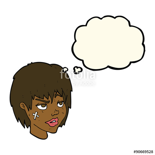 500x500 cartoon woman with plaster on face with thought bubble stock