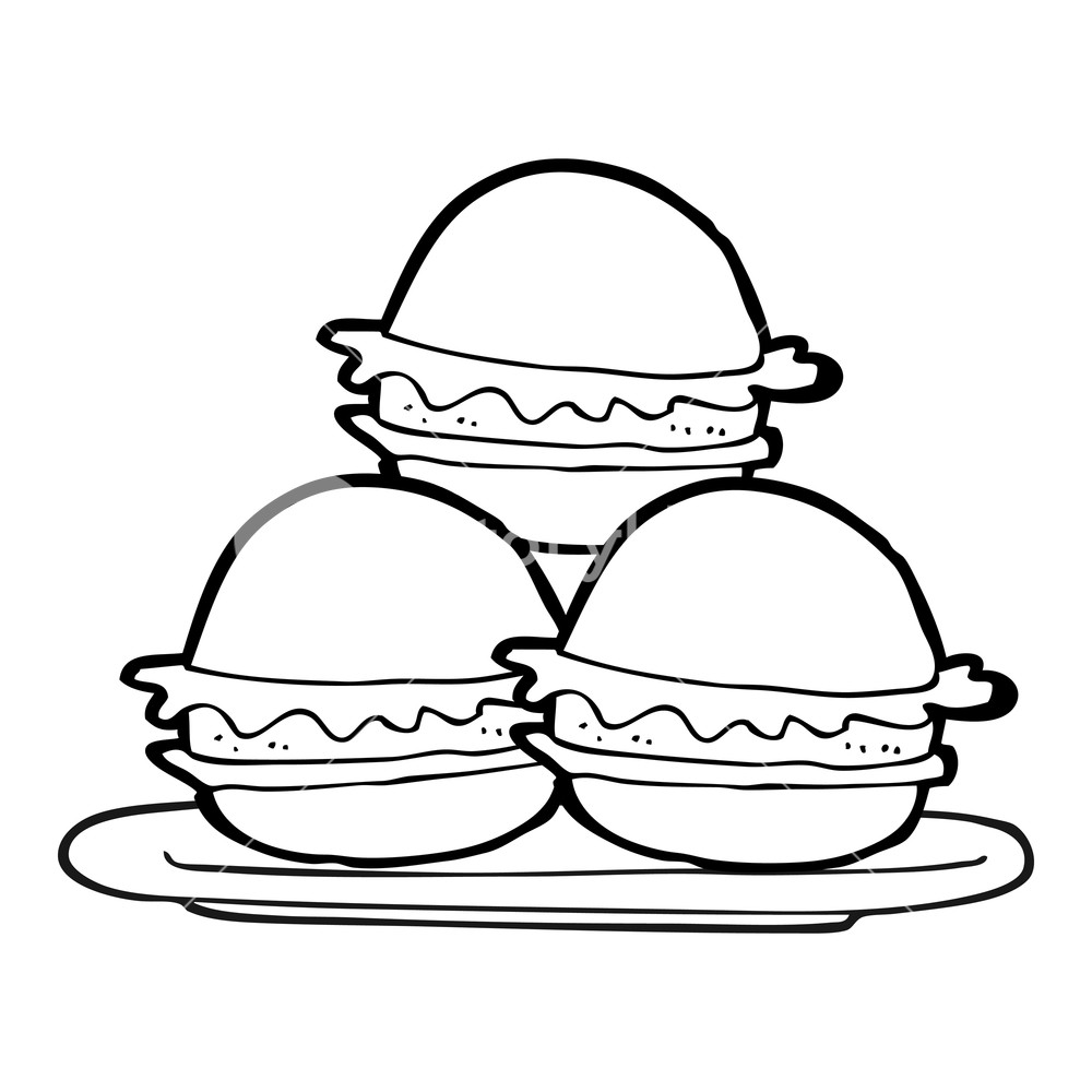 1000x1000 Freehand Drawn Black And White Cartoon Plate Of Burgers Royalty