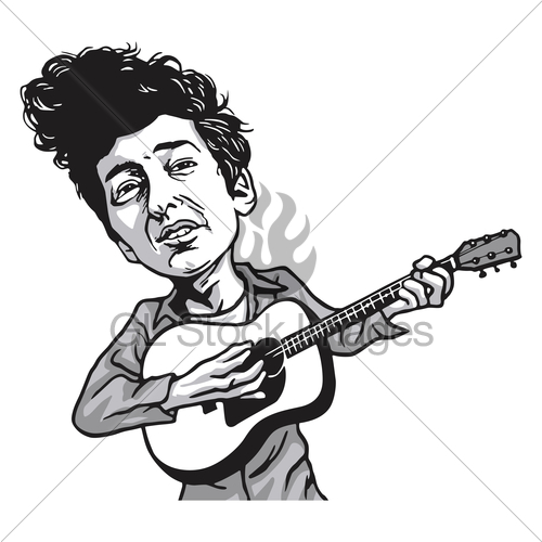 500x500 Bob Dylan Cartoon Playing Guitar Black And White Cartoon Gl