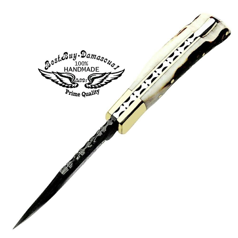 1000x1000 Pocket Knife Horn Damascus Steel Knife Brass Bloster