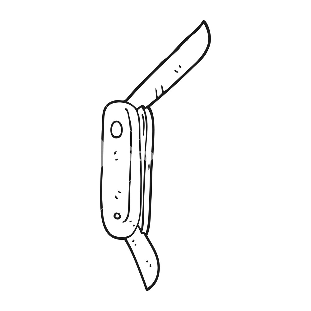 1000x1000 Freehand Drawn Black And White Cartoon Folding Knife Royalty Free