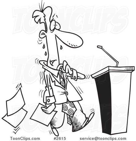 581x600 cartoon black and white line drawing of a nervous politician