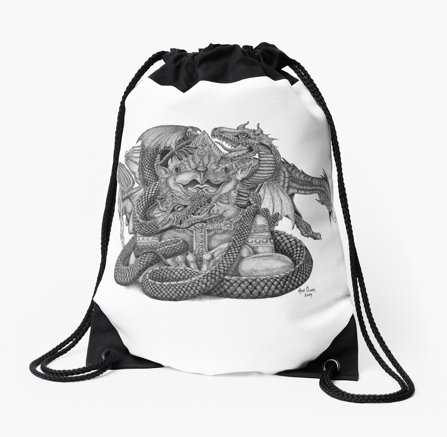 1435x1404 Dragon Pointillism Drawing Drawstring Bag