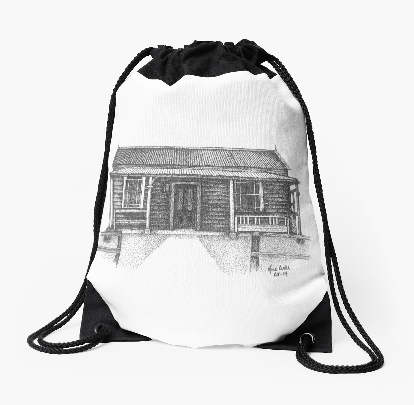 1435x1404 Old House New Zealand Pointillism Drawing Drawstring Bag